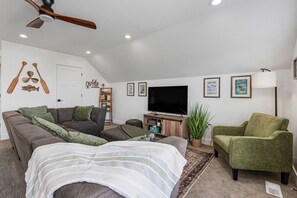 Smart TV, fireplace, books