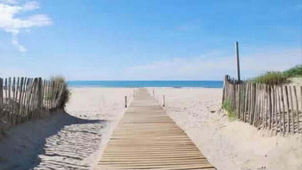 En træbro der fører til en sandstrand under en klar blå himmel.