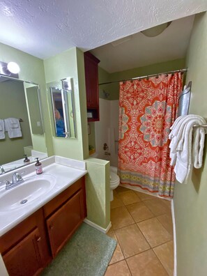Hair dryer, towels, soap, shampoo