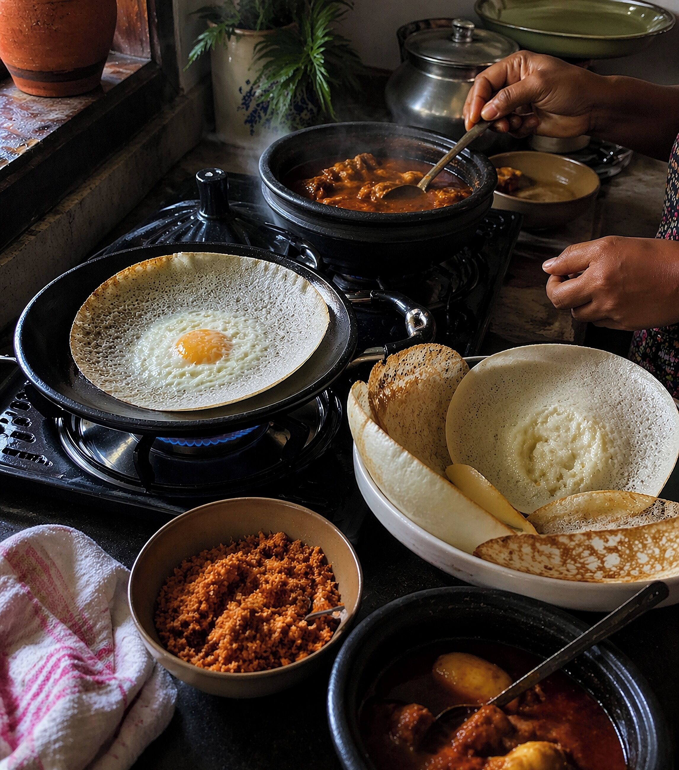 A kitchen with a stove, pots, and a bowl of food.