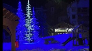 Un espace extérieur enneigé, avec un foyer et un sapin de Noël illuminé de lumières bleues.