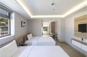 Triple Room, Courtyard View | Minibar, desk, laptop workspace, blackout drapes