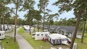 A campground with RVs and mobile homes, a paved path, and trees. - Ystad Camping (Ystad)