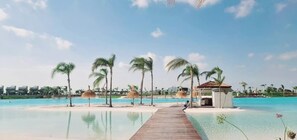 On the beach, sun-loungers, beach towels