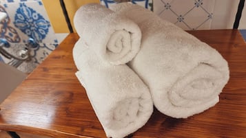Hair dryer, towels, soap, toilet paper