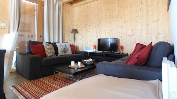 A cozy living room with a sofa, a coffee table, and a TV. - Attached chalet for 8 on 3 levels, pets allowed (Chamrousse)