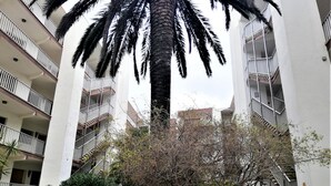A multi-story building with balconies, a central courtyard with a palm tree, and a stairwell.