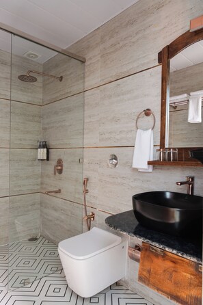 A modern bathroom with a glass-enclosed shower, a black sink, and a white toilet. - The Experience Resort (Udaipur)