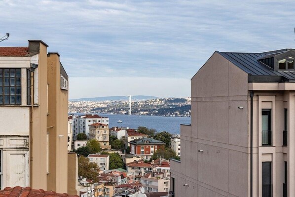 Un paisaje urbano con vista a un puente y al agua.