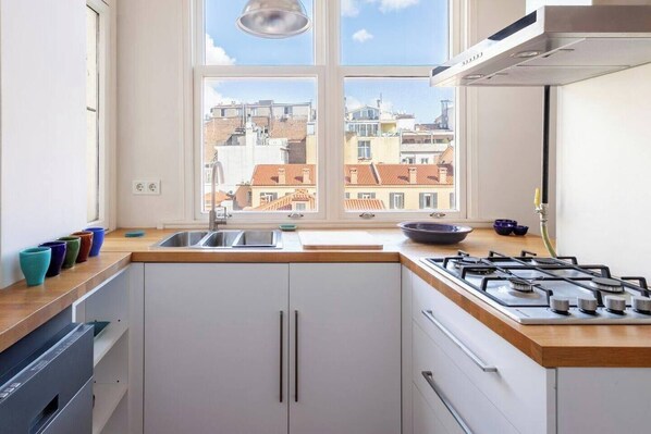 Fridge, stovetop, dishwasher, cookware/dishes/utensils