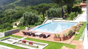 Une piscine avec un espace patio, entourée d’un mur de pierre et d’une végétation luxuriante.