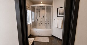 Shower, hair dryer, towels