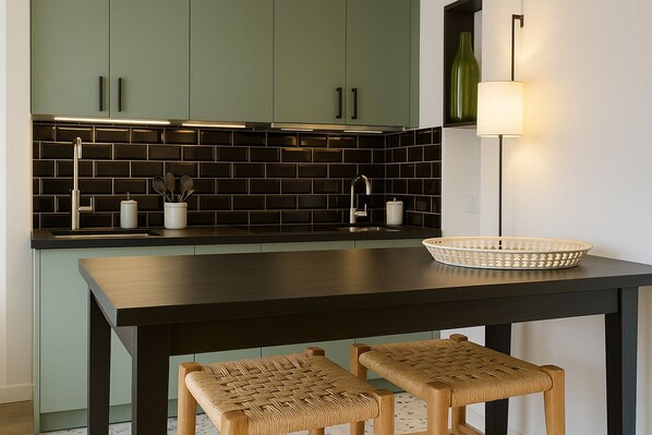 Een koelkast, een microgolfoven, een oven, een kookplaat