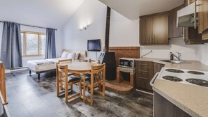 Una cocina compacta con comedor, televisor y chimenea.