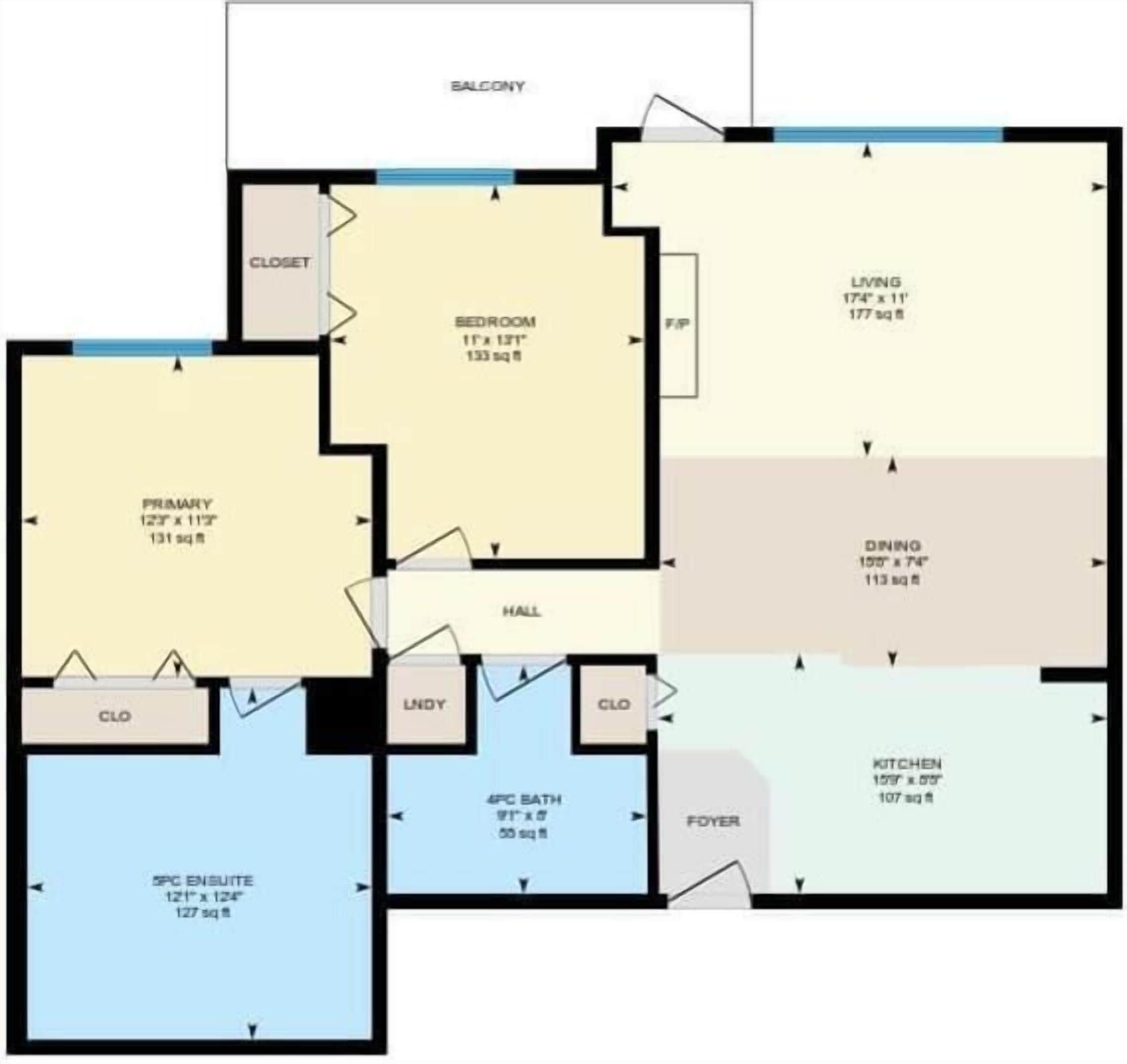 Plano de planta que muestra un dormitorio, sala de estar, comedor, cocina, baño y balcón.