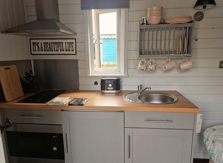 Fridge, microwave, stovetop, electric kettle