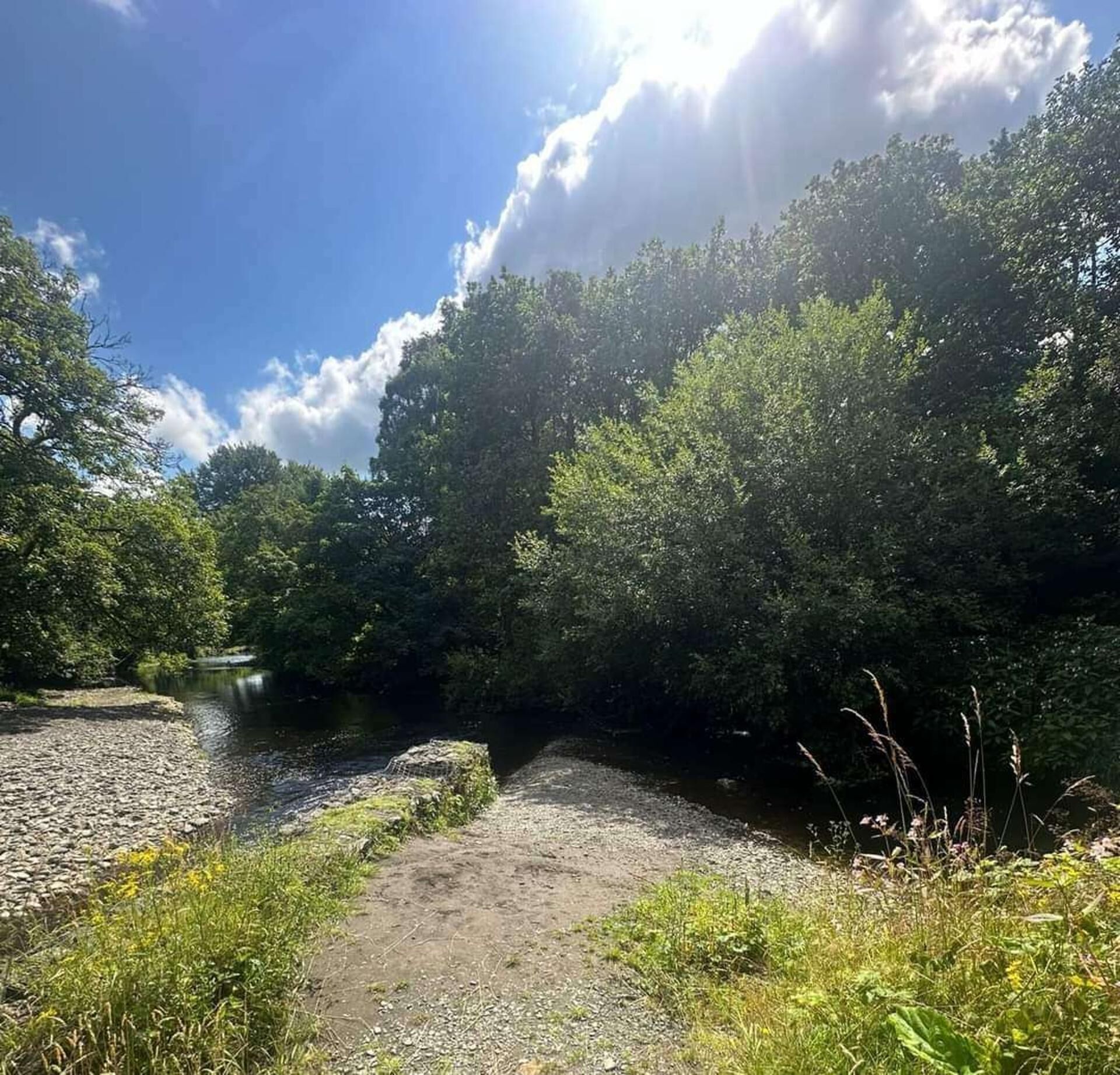 A natural landscape with a river, dense trees, and a gravel path.
