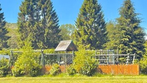 A fenced outdoor area with a wooden structure, possibly a shed or playhouse, surrounded by tall evergreen trees and a clear blue sky. - Glan yr Afon Dau - Relax, Recuperate, Hot Tub (Welshpool)