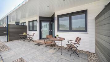A patio with a table and chairs, a small potted plant, and a door leading to a covered area.