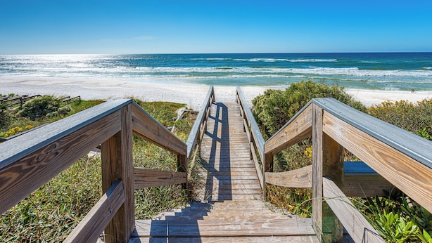 A wooden staircase leading to a beach with a clear view of the ocean. - 30A Beach House ~ Gulf Views ~ Gated Beach Access (Seacrest Beach)