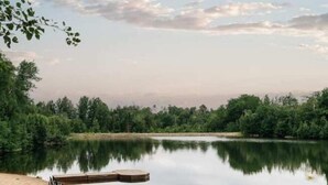 Un paysage paisible au bord du lac, avec une jetée en bois s’avançant dans l’eau, entouré d’une végétation luxuriante et sous un ciel dégagé.