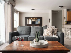 TV, fireplace, books