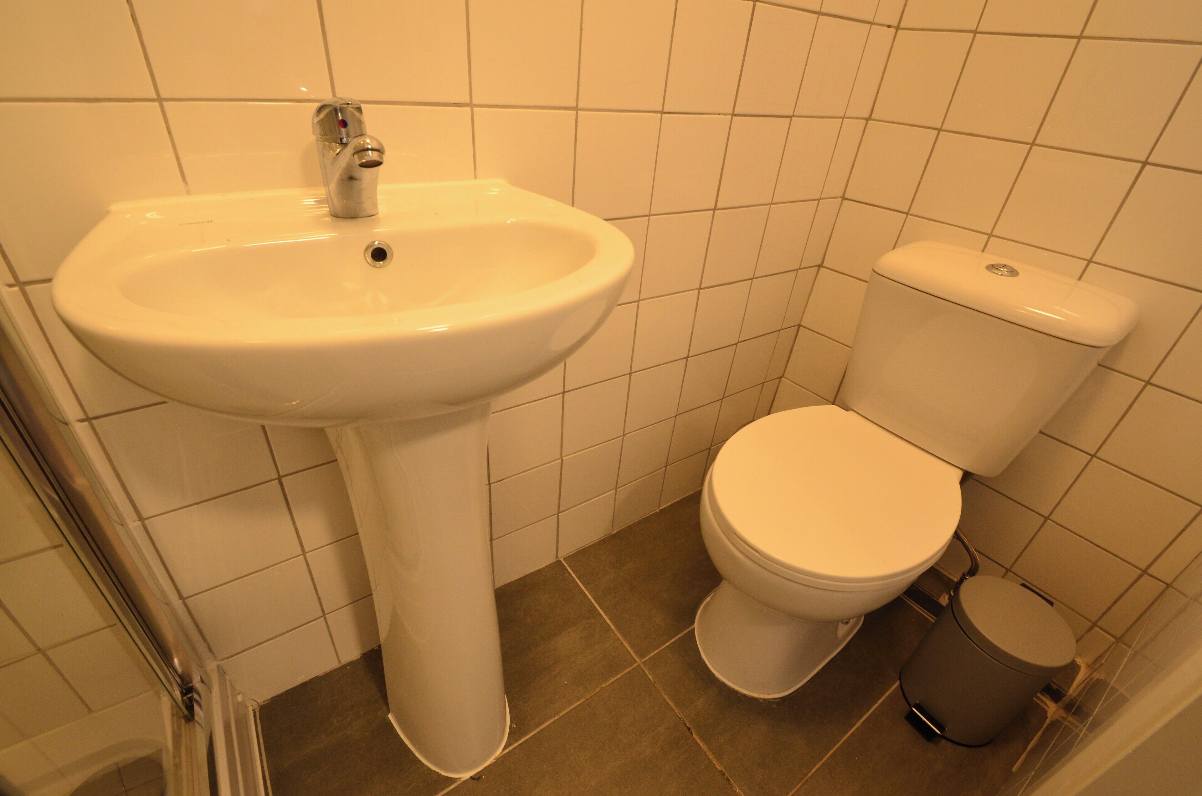 Une salle de bain avec un lavabo, des toilettes et une poubelle, le tout de couleur blanche.