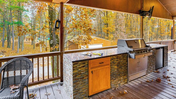 A covered outdoor area with a grill and stone countertop, overlooking a forested area. - Private Hot Tub on 10 Acres: Cozy Catskill Getaway (Catskill)