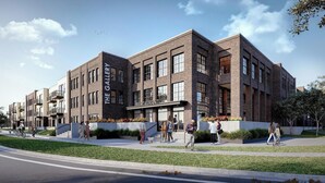 A multi-story building with a brick facade, a sign reading "The Gallery Restaurant," and a pedestrian walkway with people walking. - Landing | Modern 1BD, Gym, Clubhouse (Huntsville)
