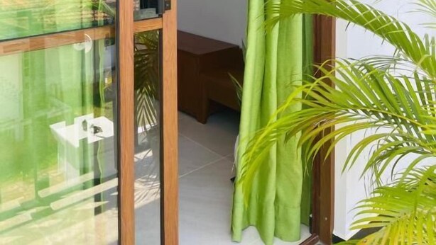 Une chambre moderne avec une porte en verre, un rideau vert et une plante en pot.