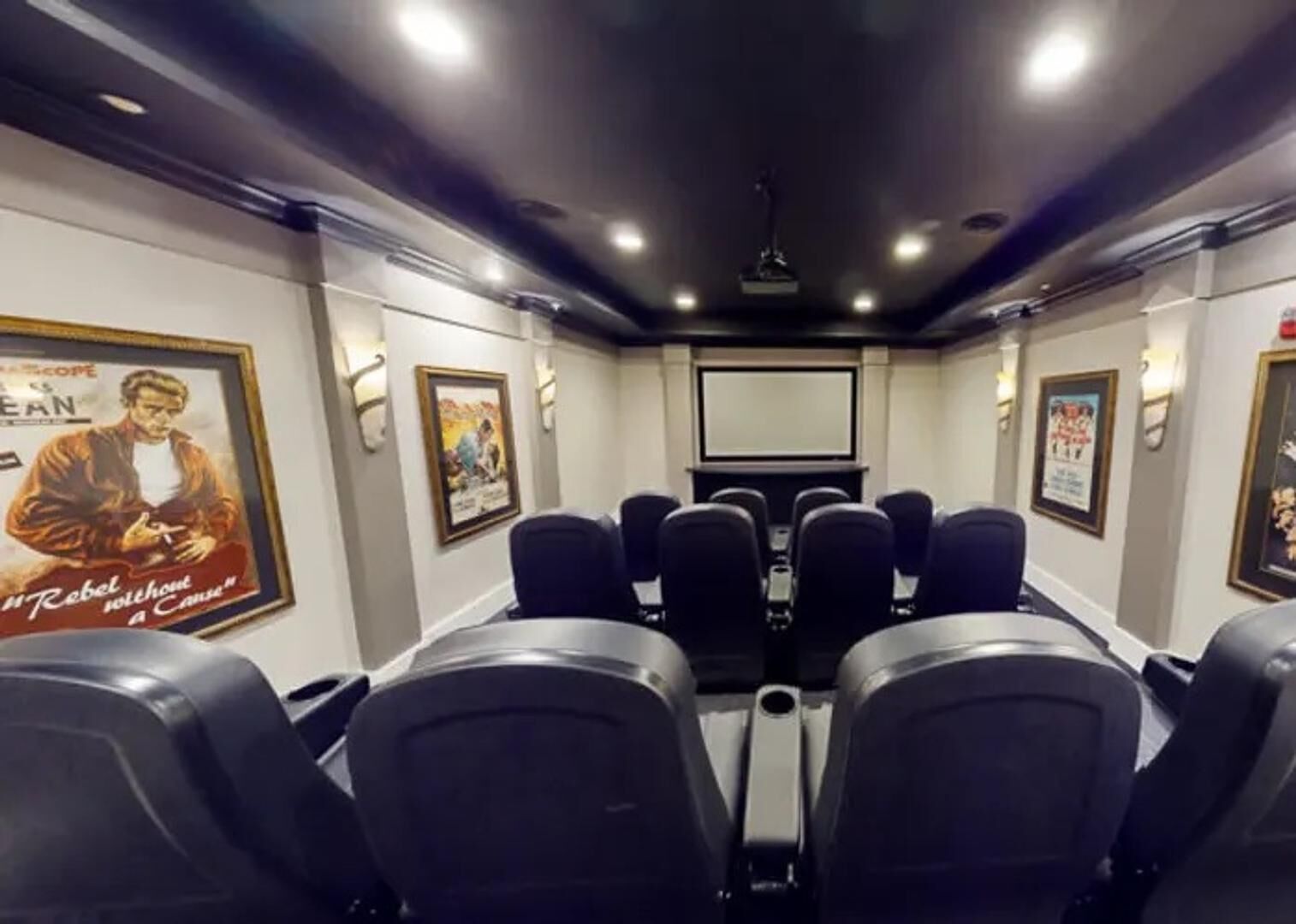 A theater room with rows of black seats, a screen at the front, and framed posters on the walls.