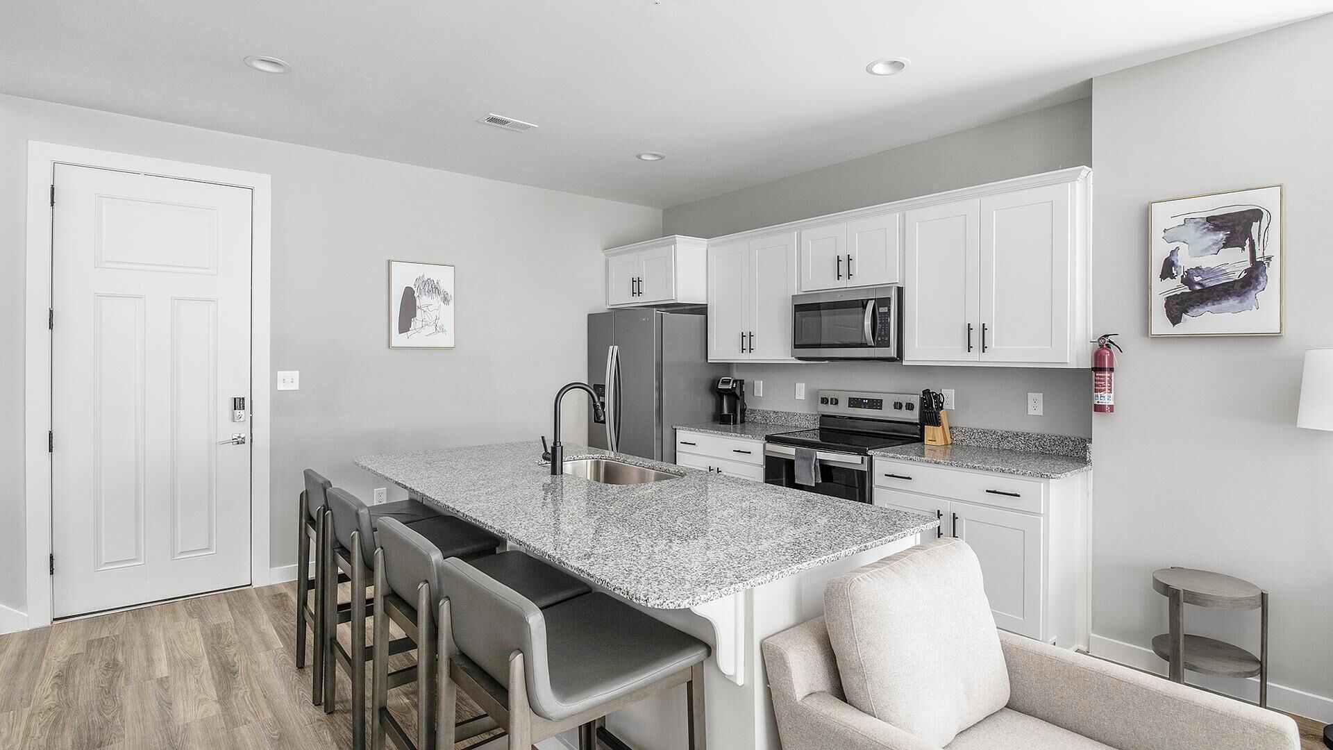 Fridge, dining tables