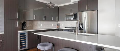 Fridge, dining tables