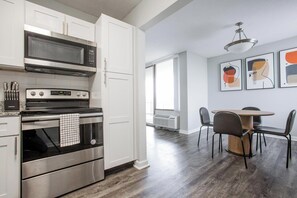 Fridge, dining tables