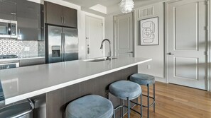 Fridge, dining tables