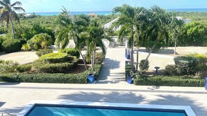 A swimming pool with a view of the ocean and tropical landscaping.