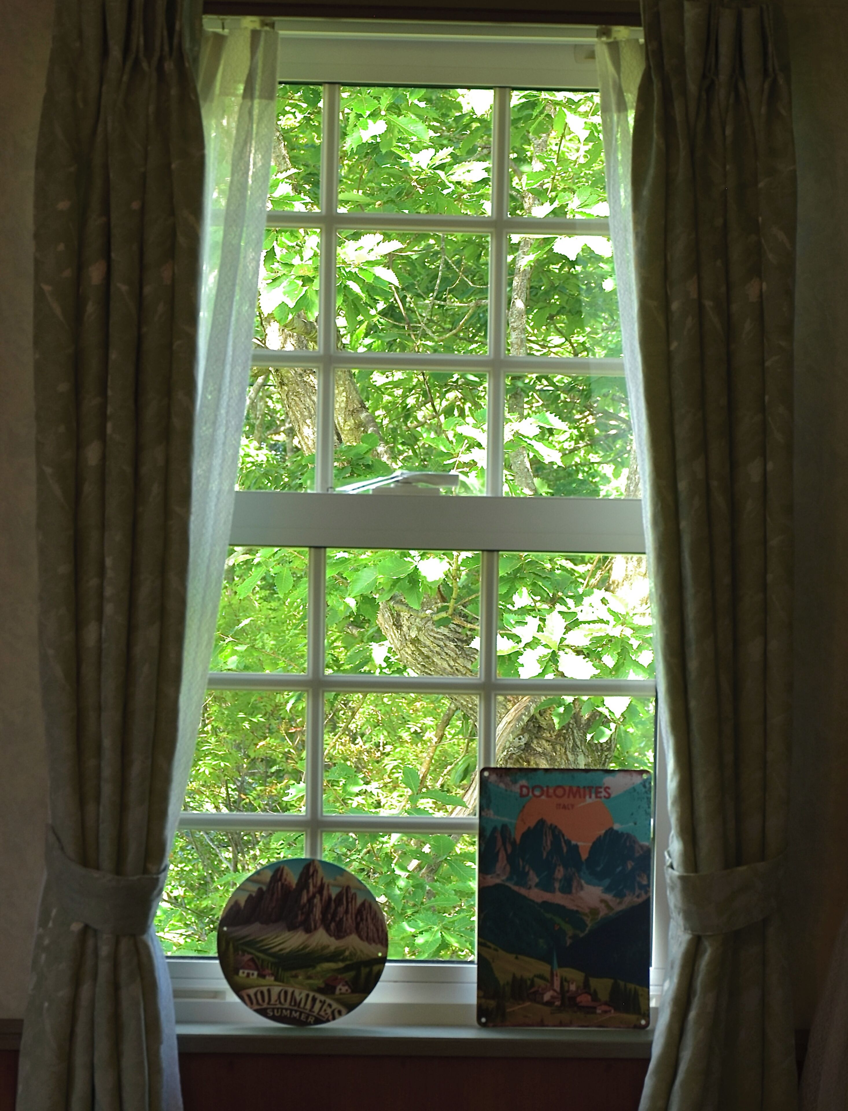 A window with a view of greenery outside, curtains, and a sticker on the window.