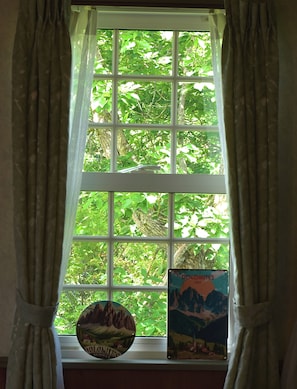 A window with a view of greenery outside, curtains, and a sticker on the window. - Echoland Madarao (Myoko)