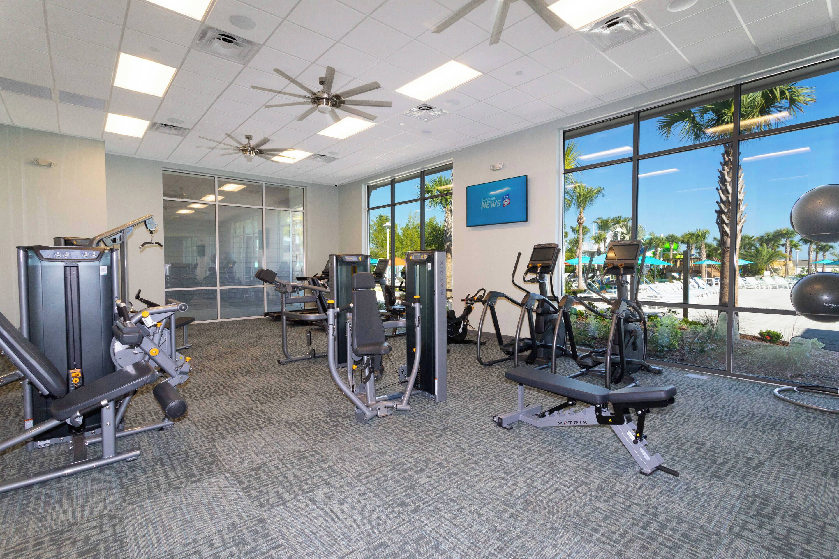 A gym with various exercise equipment, large windows with a view of palm trees, and a ceiling fan.