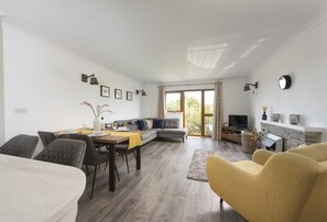 Smart TV, fireplace, DVD player, books