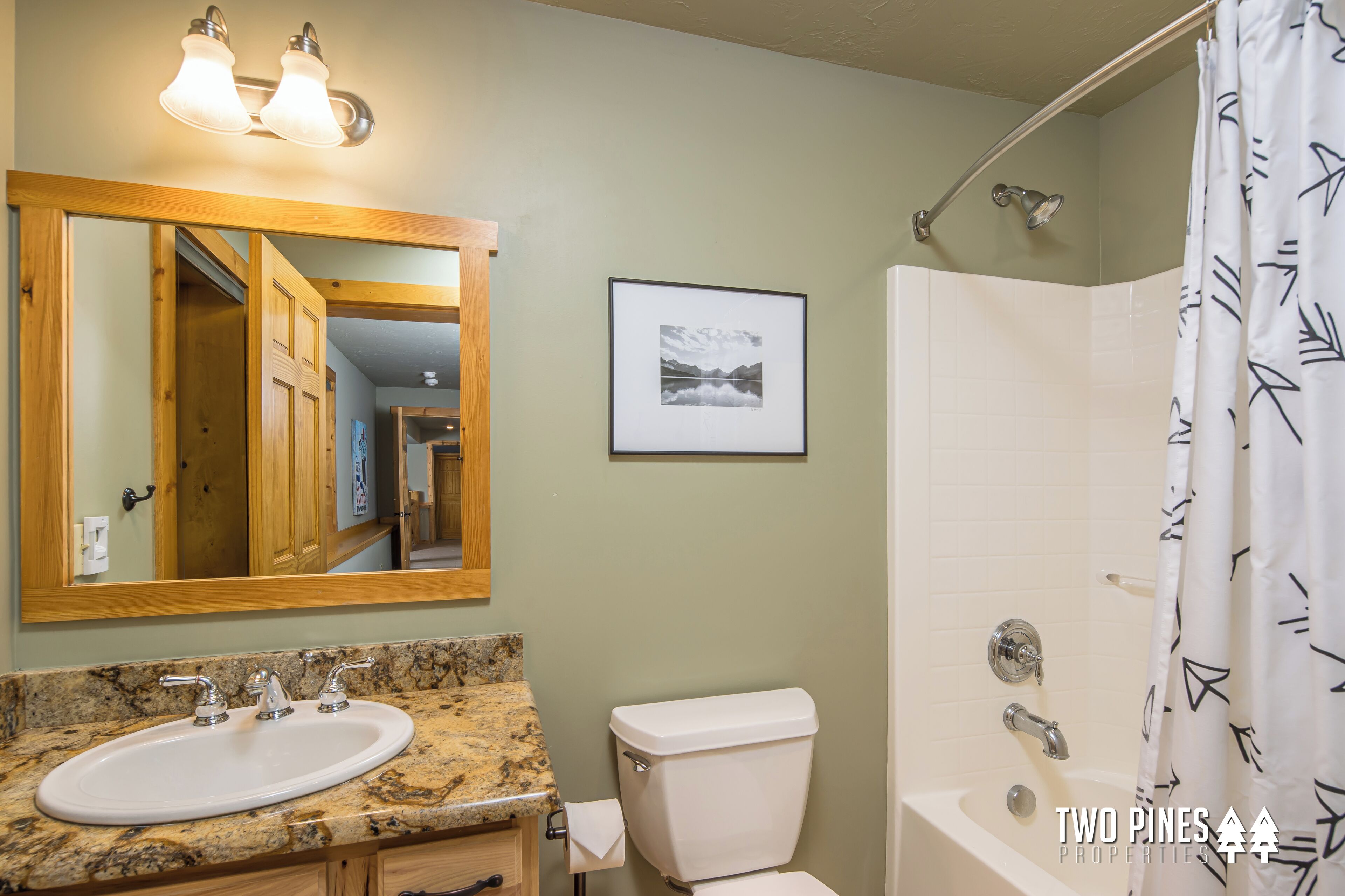 A bathroom with a granite countertop sink, a toilet, a framed picture on the wall, and a shower curtain with a leaf pattern.