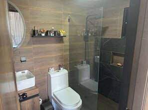 Shower, towels, soap, shampoo