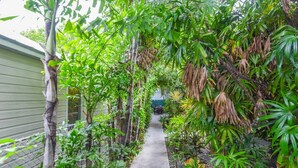 A narrow concrete pathway flanked by dense tropical foliage and bamboo structures, leading to a distant structure. - Pilar Cottage | Spectacular Studio w/ Shared Pool (Key West)