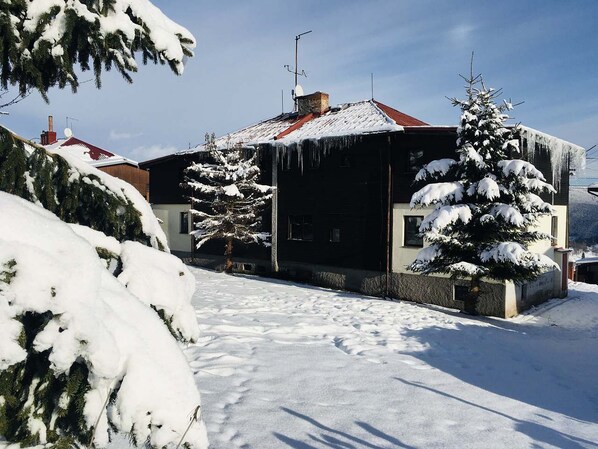 Zona residencial nevada con casas, árboles y cielo despejado.