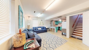Smart TV, fireplace, video games, DVD player