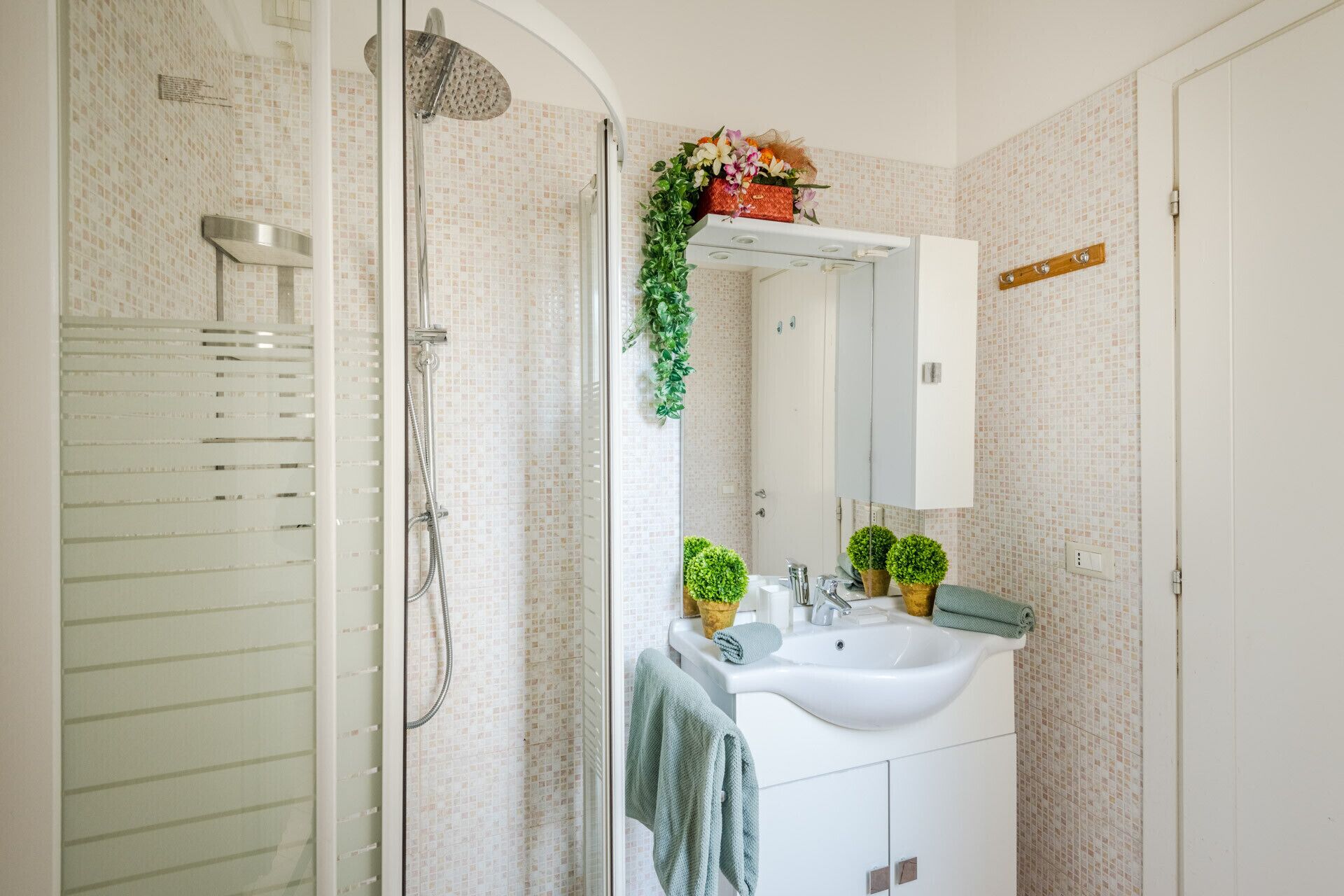 Une salle de bain avec une douche, un lavabo et un miroir.