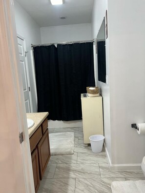 Hair dryer, towels, soap, shampoo