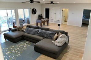 Smart TV, fireplace, foosball