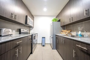 Frigorífico, microondas, horno y placa de cocina