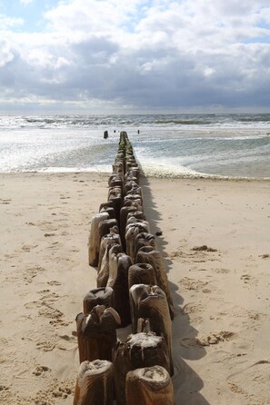 Eine hölzerne Mole, die sich in den Ozean an einem sandigen Strand erstreckt.